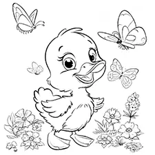 Cute Duck With Butterflies Coloring Page Black & White
