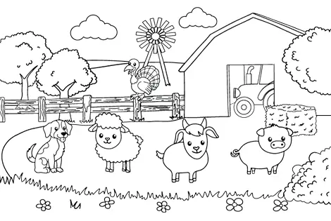 Cute Farm Animals Coloring Page Black & White