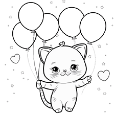 Kitten Holding Balloons Coloring Page