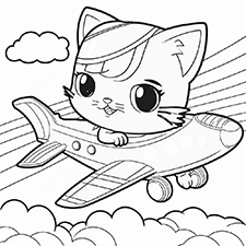 Kitten Pilot Flying Plane Coloring Page