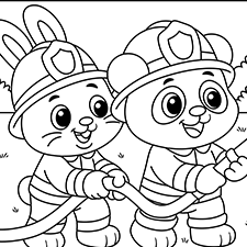 Cute Panda And Bunny Fireman Coloring Page