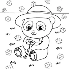 Cute Panda Gardener Coloring Page Black & White