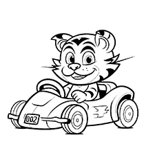 Cute Tiger Driving Racing Car Coloring Page Black & White