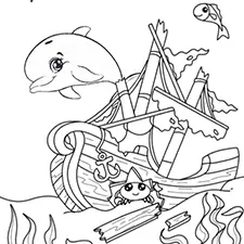 Dolphin With A Shipwreck Coloring Page Black & White