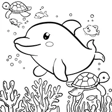 Dolphin Swimming With Fish & Turtles Coloring Page Black & White