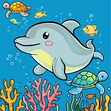 Dolphin Swimming With Fish & Turtles Coloring Page