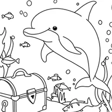 Dolphin With A Treasure Chest Coloring Page Black & White
