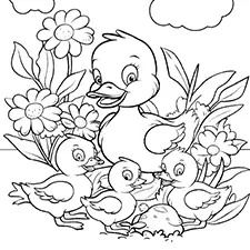 Duck Family In A Garden Coloring Page