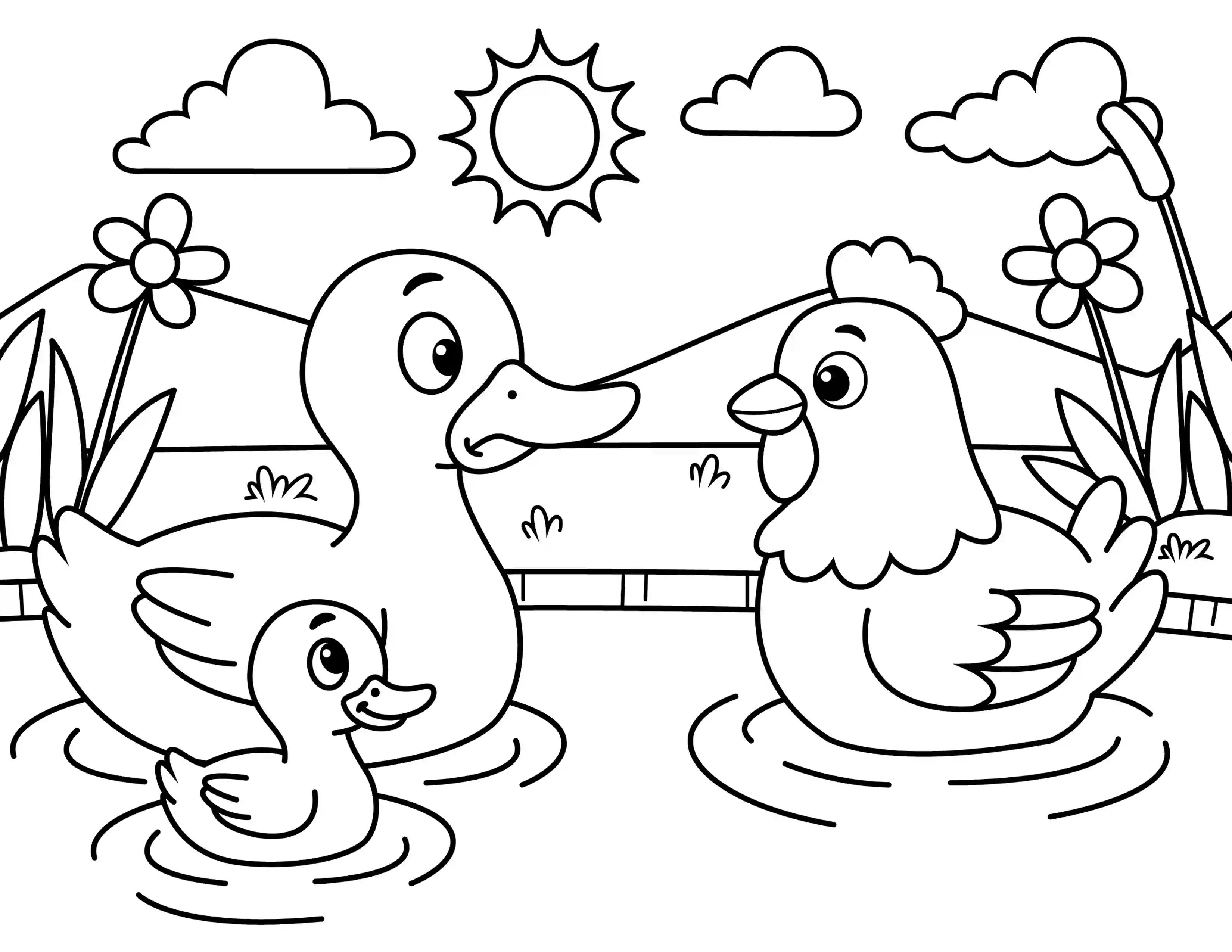 Ducks And Chicken In The Pond Coloring Page Black & White