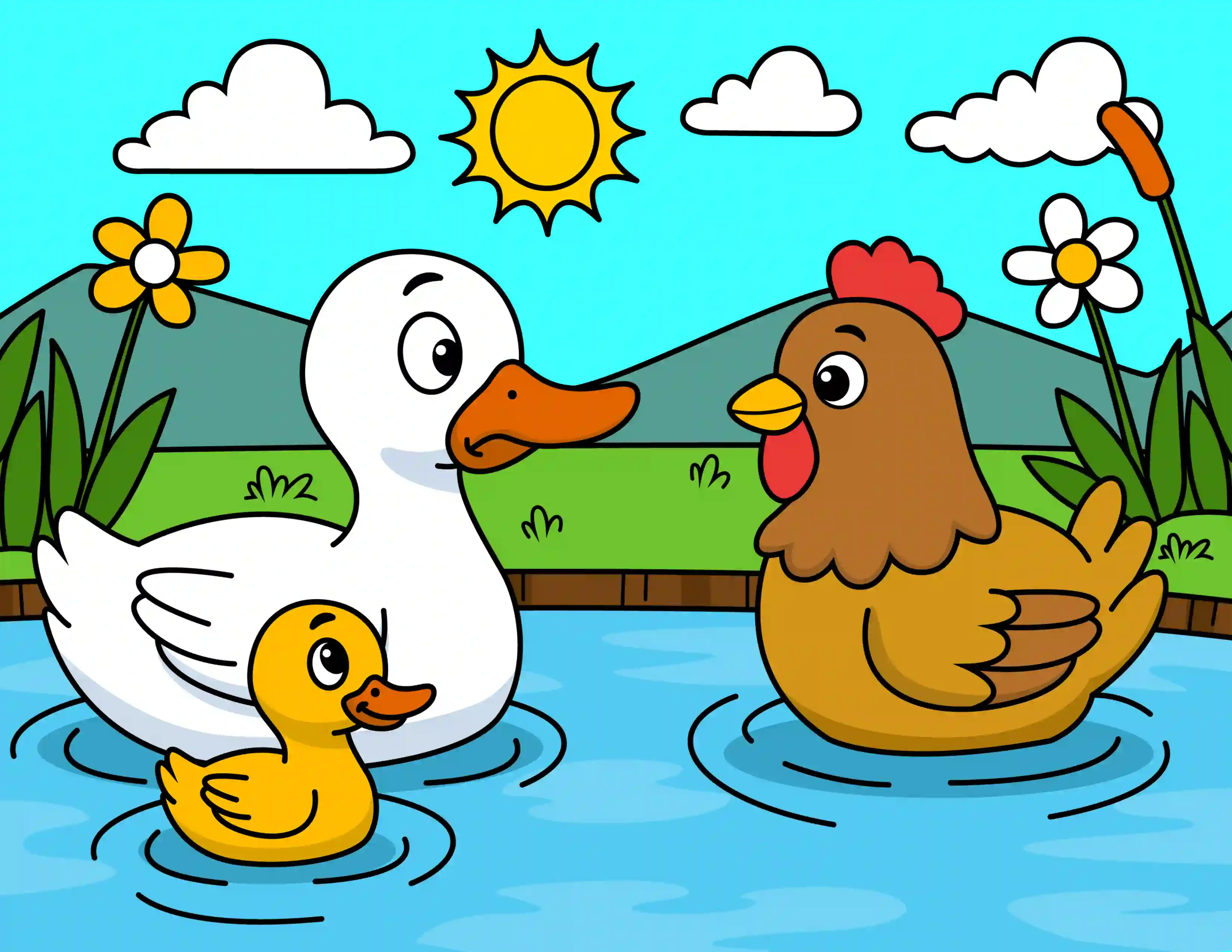 Ducks And Chicken In The Pond Coloring Page