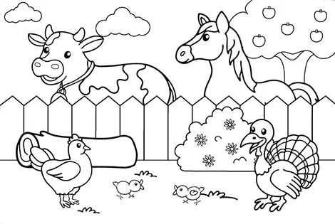 Easy Farm Animals Coloring Page Black & White