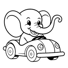 Elephant Driving Car Coloring Page Black & White