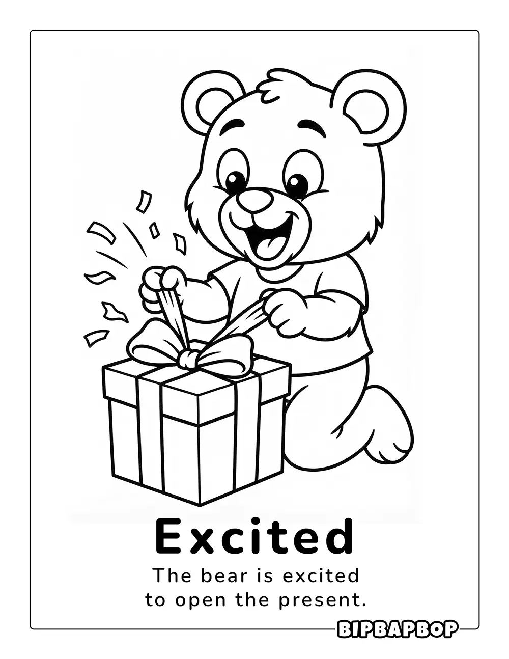 An excited bear opening a present