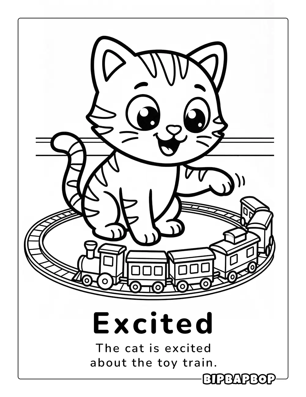 An excited cat playing with a toy train