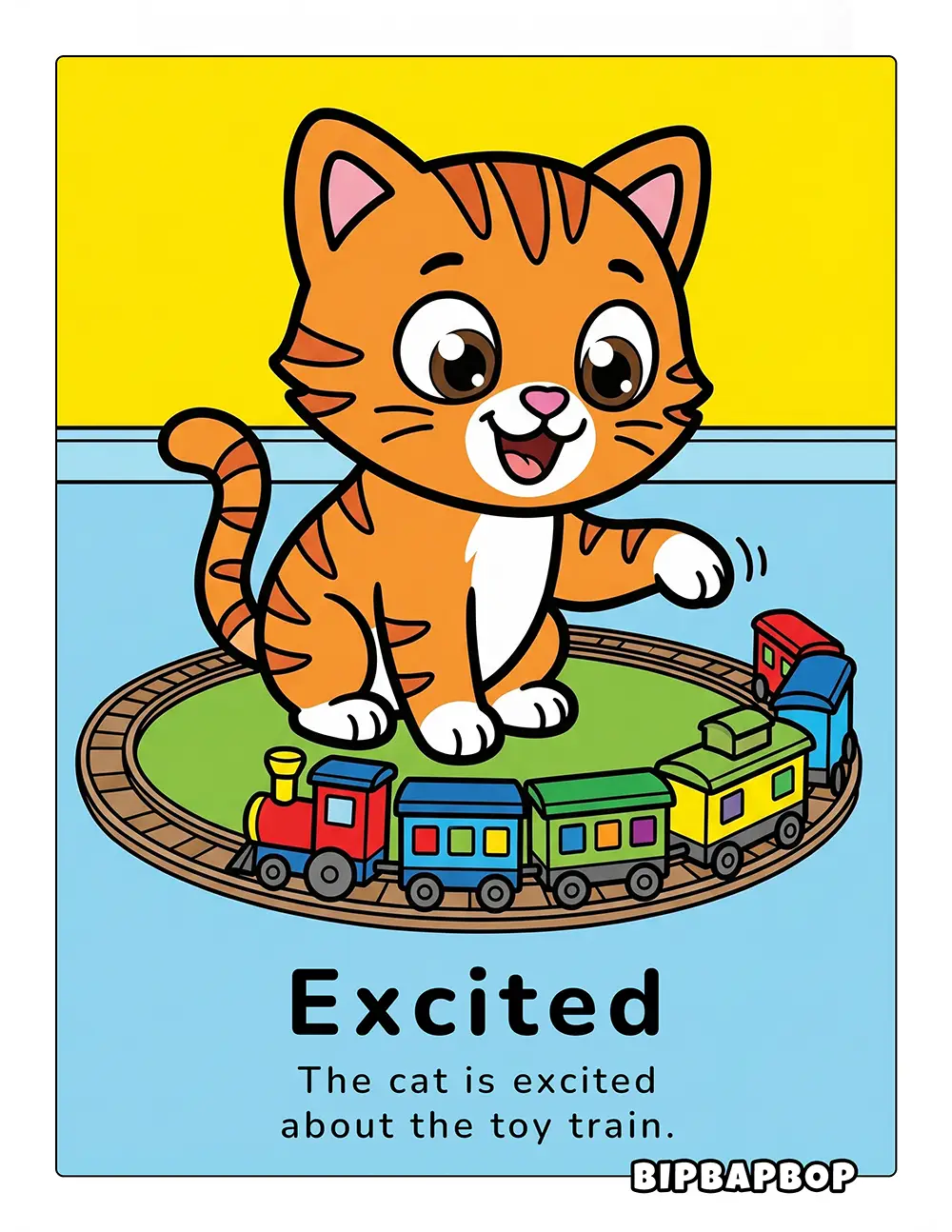 The cat is excited about the toy train