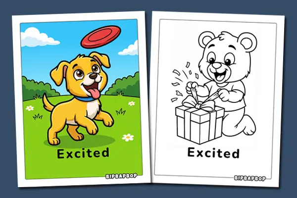 Excited colouring pages - Free coloring sheets helping kids name their emotions