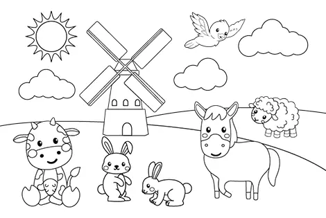 Farm Animals In Field Coloring Page Black & White