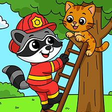 Fireman Raccoon Saving A Cat Printable