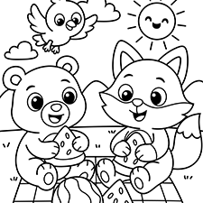 Fox And Bear Eating Watermelon Coloring Page