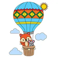 Fox & Mouse In A Hot Air Balloon Coloring Page
