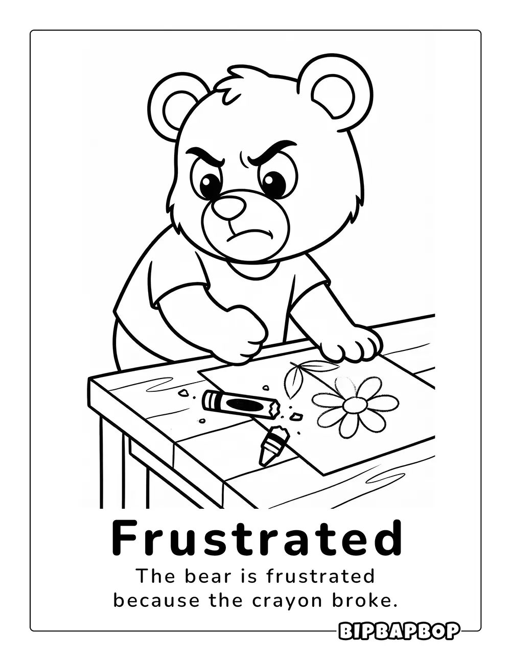 A frustrated bear with a broken crayon