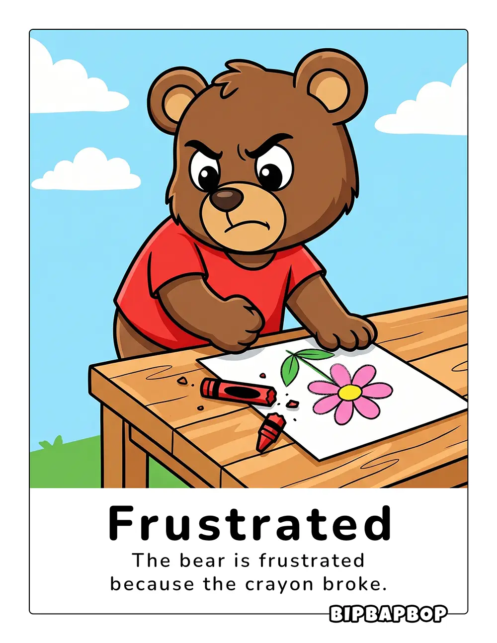 The bear is frustrated because the crayon broke