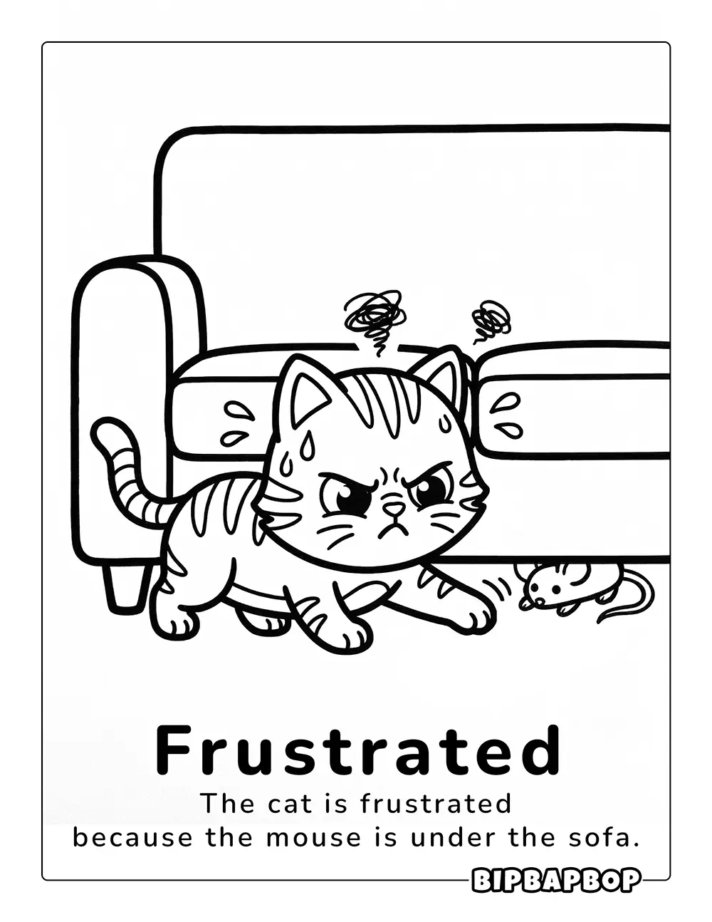 A frustrated cat unable to reach a mouse under the sofa