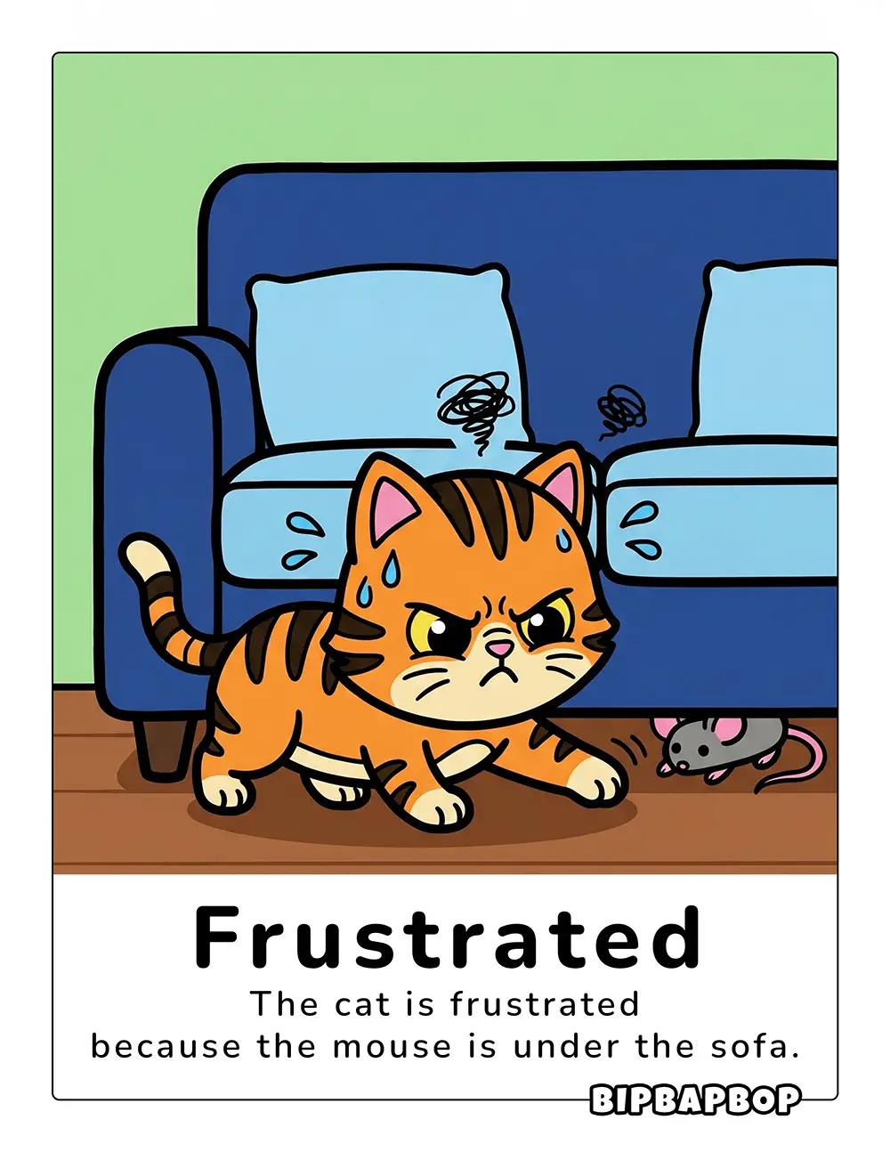 The cat is frustrated because the mouse is under the sofa