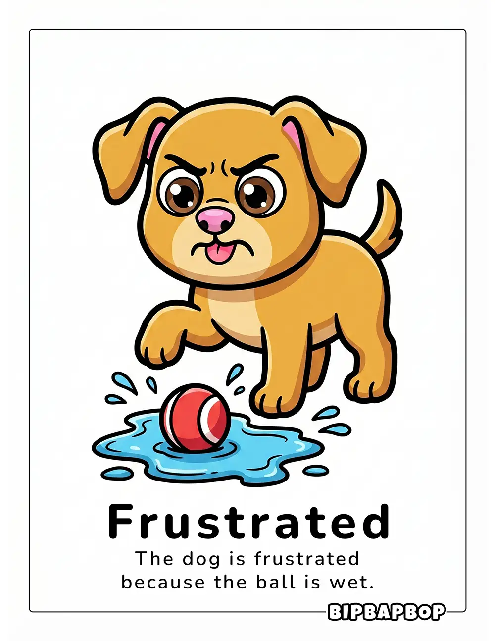 A frustrated dog with a wet ball