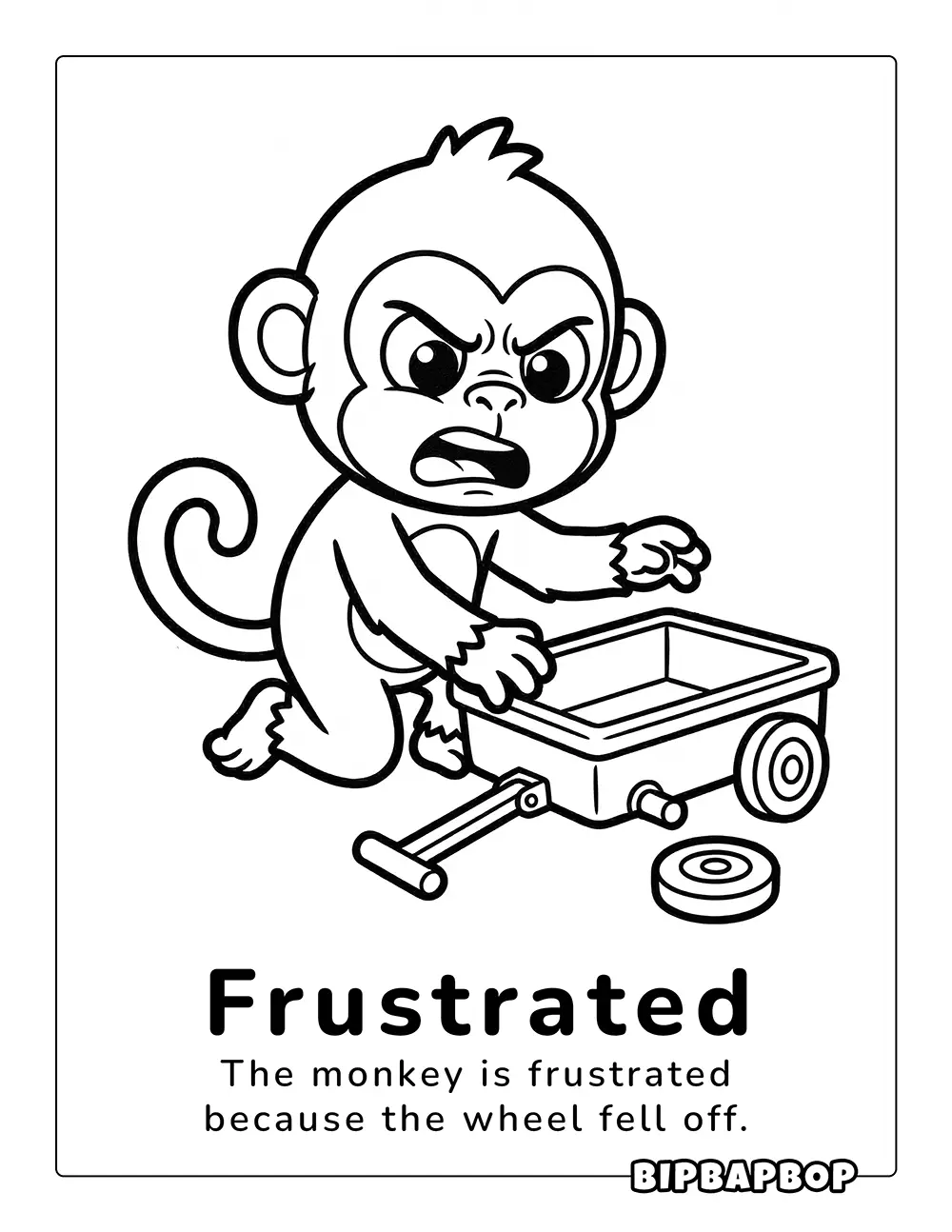 A frustrated monkey repairing a broken cart