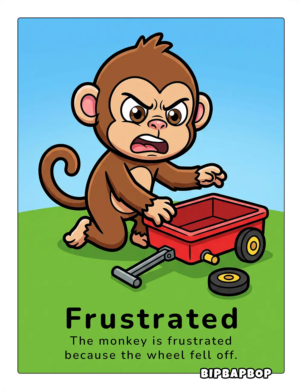 The monkey is frustrated because the wheels fell off the cart