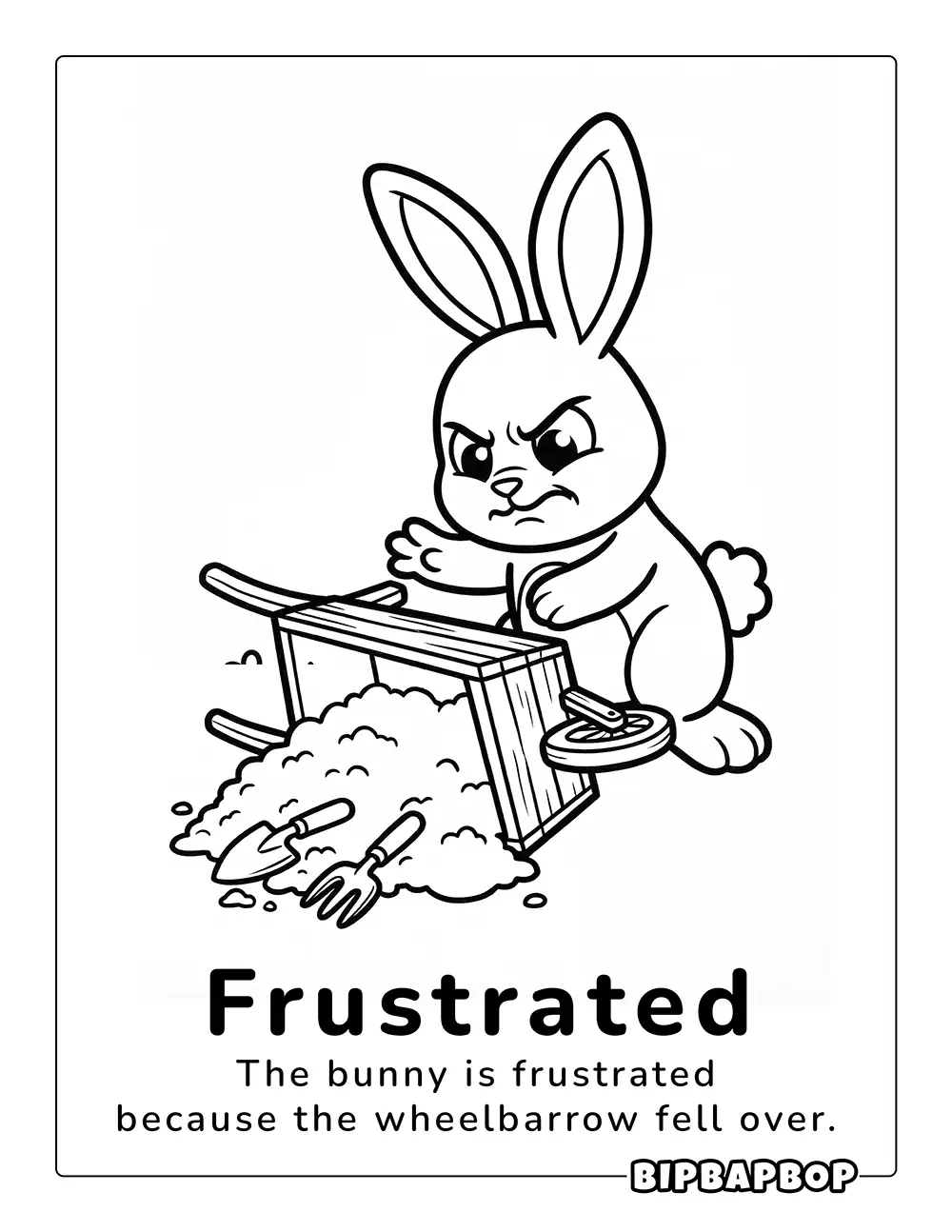 A frustrated rabbit with a wheelbarrow that has tipped over