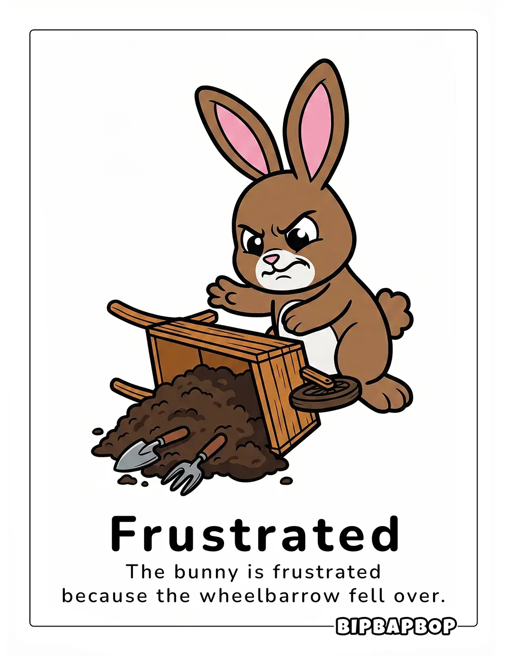 The bunny is frustrated because the wheelbarrow fell over