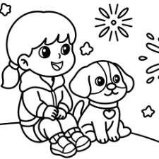 Girl And Dog Watching Fireworks Coloring Page