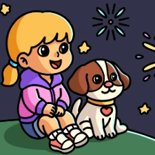 Girl And Dog Watching Fireworks Coloring Page