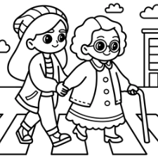 Girl Helping Old Lady Coloring Page