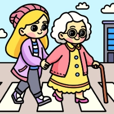 Girl Helping Old Lady Coloring Page