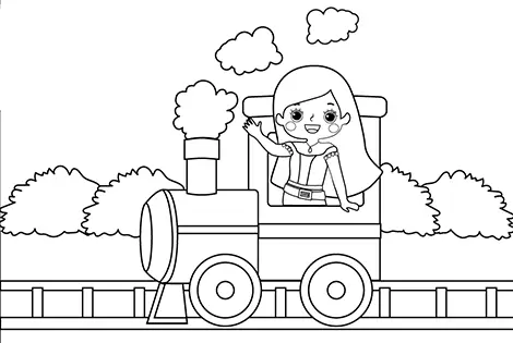 Girl On A Steam Train Coloring Page Black & White