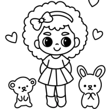 Girl With Stuffed Toys Coloring Page
