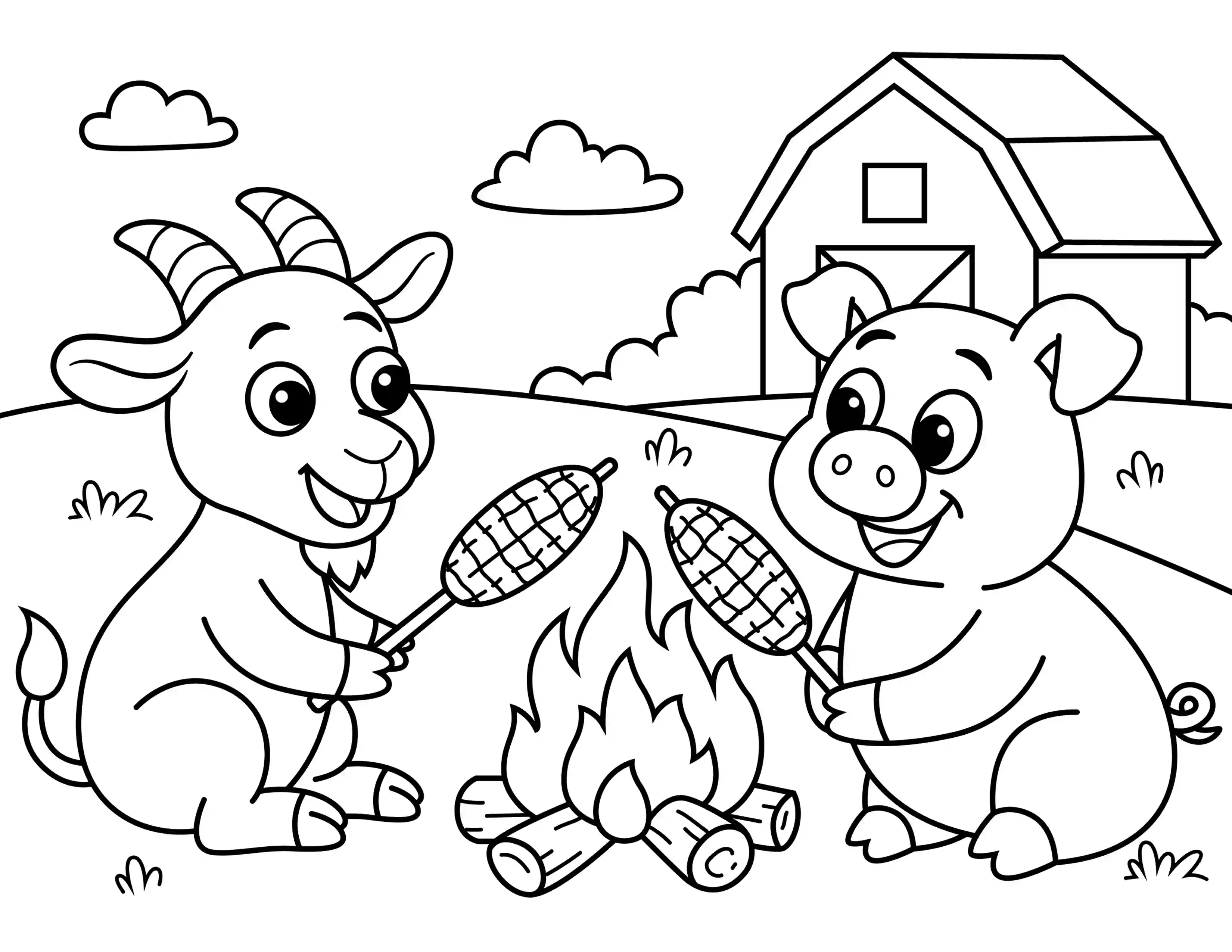 Goat And Pig Roasting Corn Coloring Page Black & White