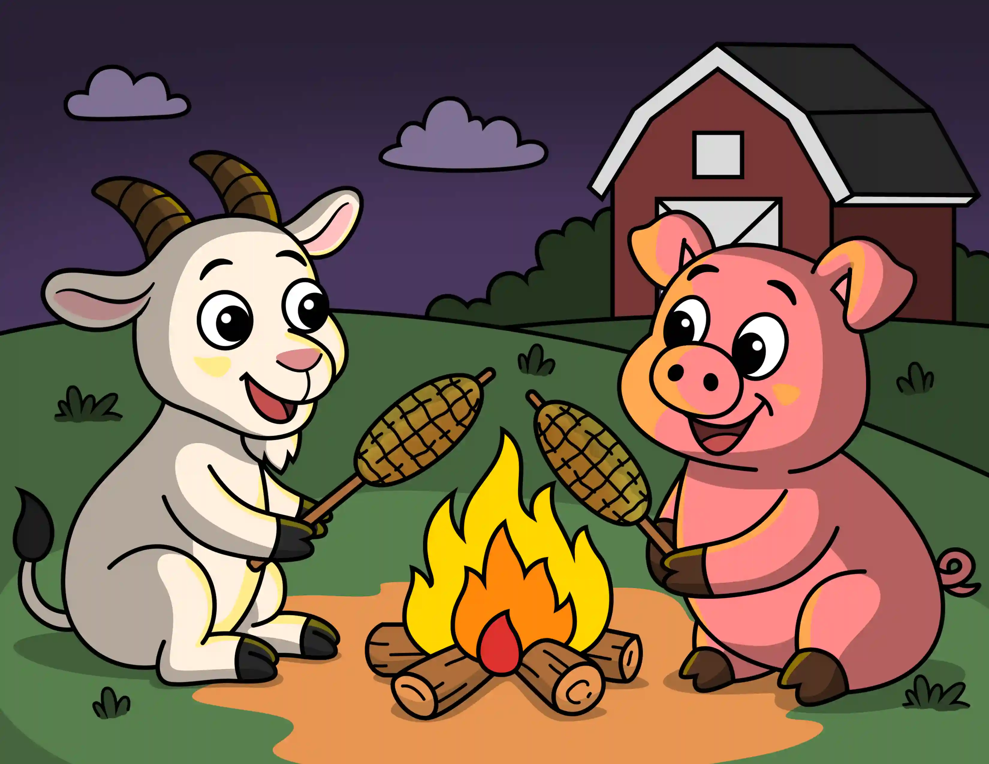 Goat And Pig Roasting Corn Coloring Page