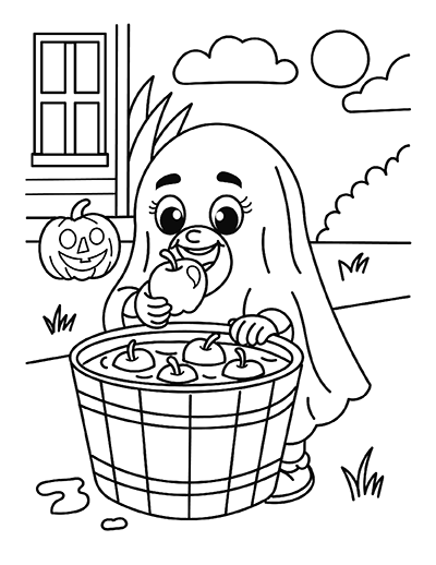 Apple Bobbing Ghost Coloring Page