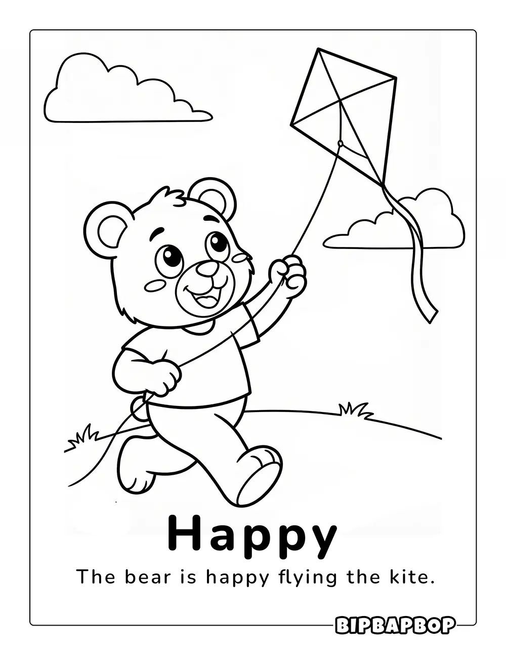 A happy bear flying a kite