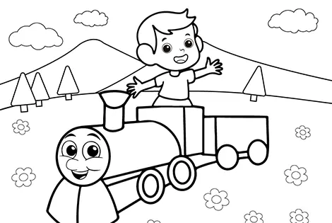 Happy Boy On A Train Coloring Page Black & White
