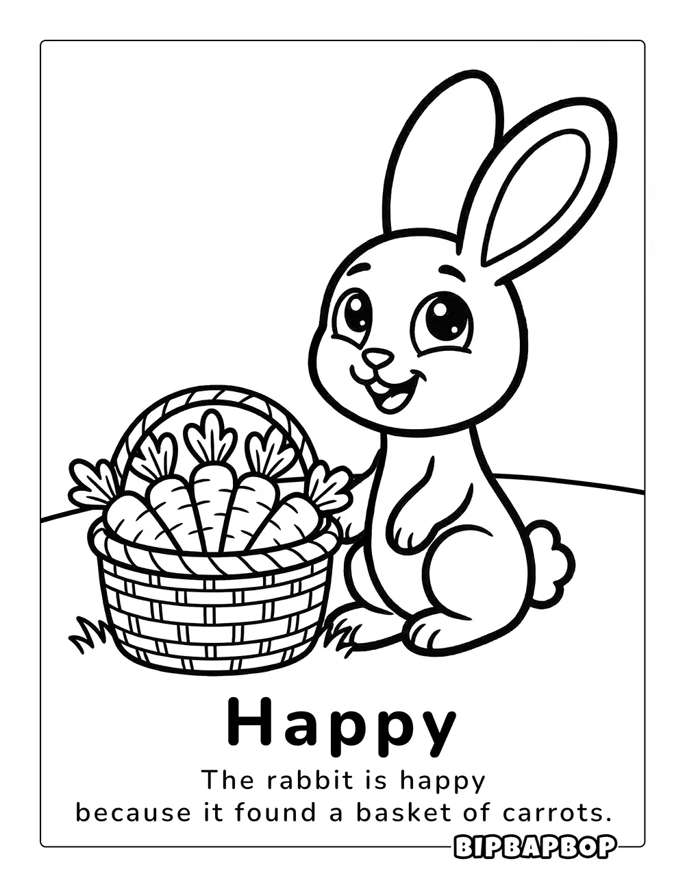 A happy bunny with a basket of carrots