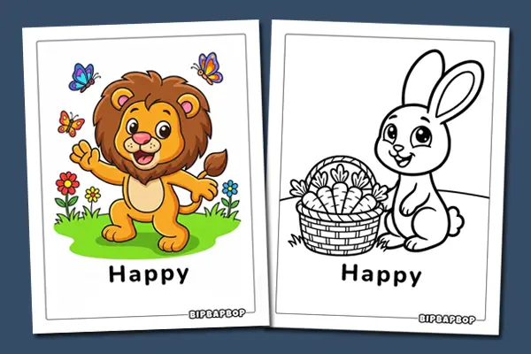 Happy coloring pages for kids - simple printables that help toddlers name big feelings and talk about emotions