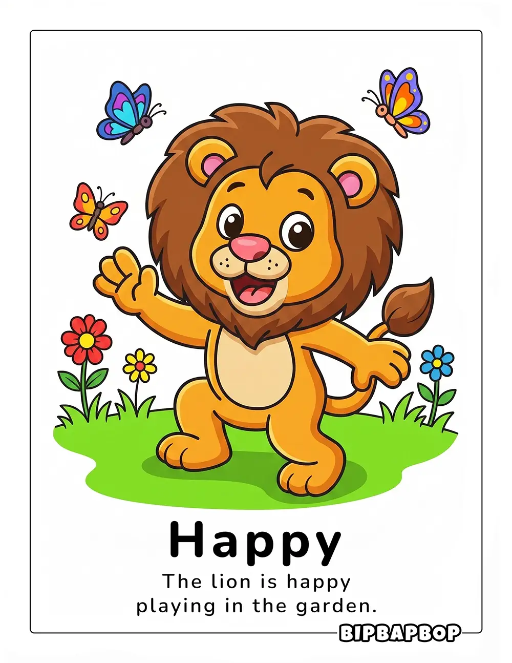 The lion is happy playing in the garden