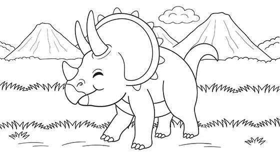 Happy Triceratops Coloring Sheet Free PDF Download Black & White
