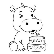 Hippo with a Cake Coloring Page Black & White