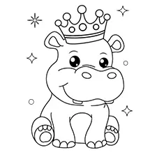 Hippo with a Crown Coloring Page Black & White